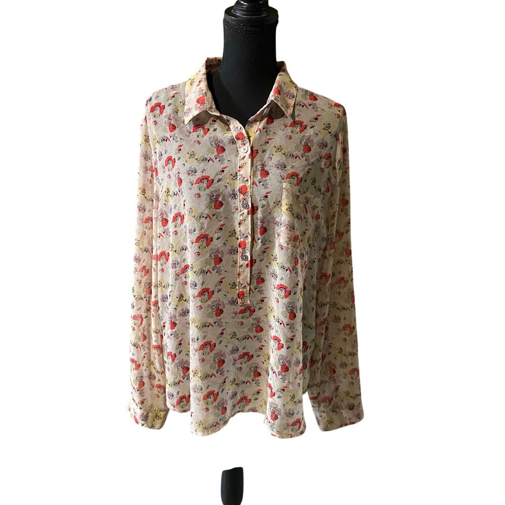 Ann Taylor LOFT Long Sleeve Sheer Cream Red Floral Button Up Blouse, Sz XL